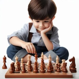 Kid Playing Chess on the Chessboard