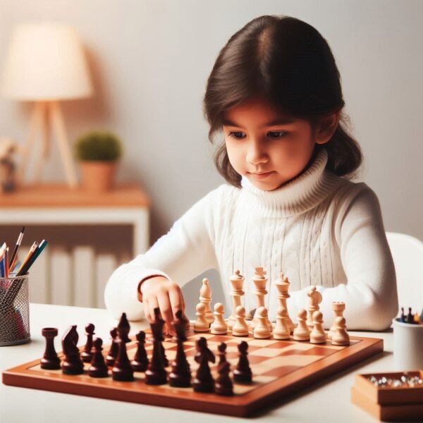 Kid is playing chess on the chessboard