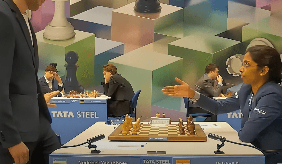 Indian GM Vaishali extends her hand for a handshake, but Uzbek GM Yakubboev declines before their match at Tata Steel Chess 2025.